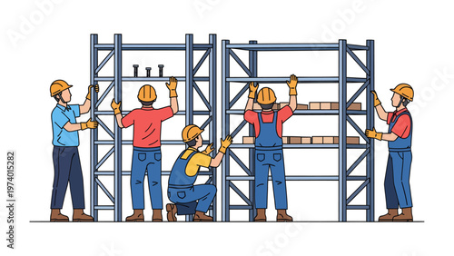 Construction Crew Assembling Shelves: A team of construction workers is diligently assembling industrial shelves, focused on precision and teamwork.