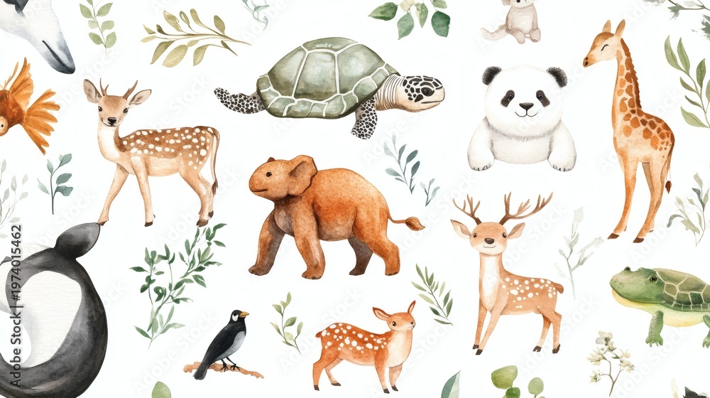 Fototapeta premium Watercolor pattern of cute baby animals and foliage on white background