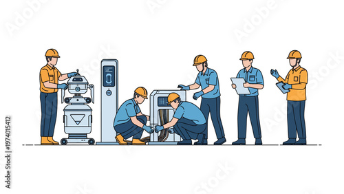 Team of Technicians Working: A team of skilled technicians diligently at work, attending to advanced equipment and machinery, symbolizing the precision, teamwork, and expertise required in the field.
