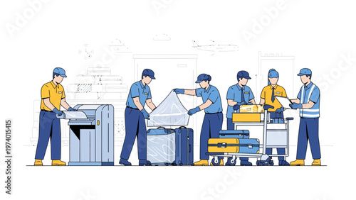 Airport Security Team at Work: A team of airport security personnel diligently inspects luggage and equipment, ensuring safe and efficient operations, symbolizing commitment and diligence.