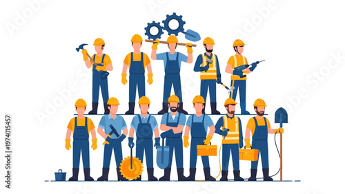 Construction Workers United: A harmonious group of construction workers, each embodying dedication and skill, gather with their respective tools.