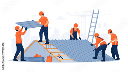 Construction Team at Work: A team of skilled builders diligently works on a rooftop, collaboratively installing panels with precision and expertise, symbolizing construction and hard work.