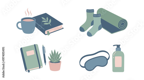 A collection of cozy self-care items including a book, mug, yoga mat, socks, journal, plant, sleep mask, and lotion, promoting relaxation and well-being.