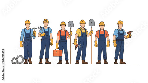Construction Crew: A team of construction workers stand confidently, each equipped with essential tools of their trade, embodying skill, dedication, and collaborative spirit. 