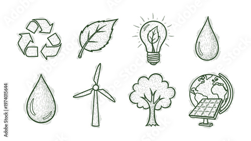 Sustainable Symbols in Harmony: A collection of hand-drawn environmental icons come together, each representing a facet of sustainability, from recycling to solar energy and beyond.
