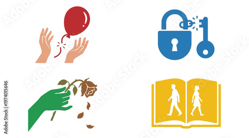 Four symbolic illustrations depicting concepts of letting go, unlocking solutions, decay and loss, and the journey of knowledge and life.