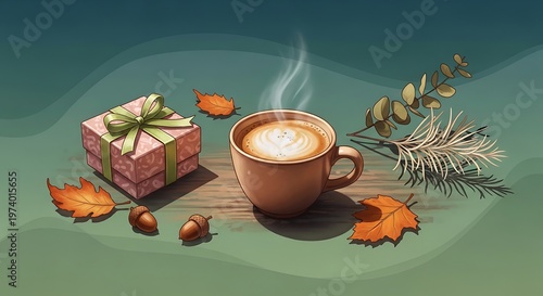 Cozy autumn scene featuring coffee cup with latte art and gift box