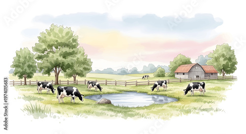 Idyllic farm scene illustration with grazing dairy cows by a tranquil pond, a rustic barn, and lush trees under a colorful sky