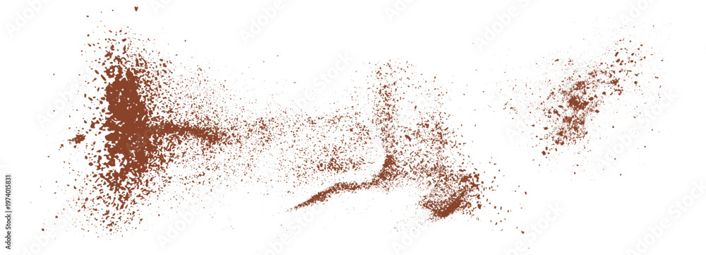 Obraz premium Brown powder explosion isolated on white background. Flying dust particles and granules creating dynamic splatter texture for overlays