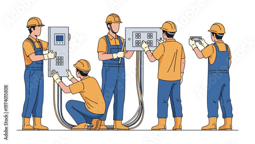Electrical Team at Work: A team of skilled technicians meticulously working on electrical panels, illustrating expertise and precision in their craft.
