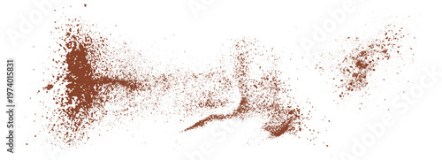 Brown powder explosion isolated on white background. Flying dust particles and granules creating dynamic splatter texture for overlays