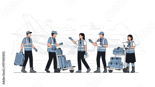 Airside team and luggage handling : A diligent team handles luggage with precision and care.