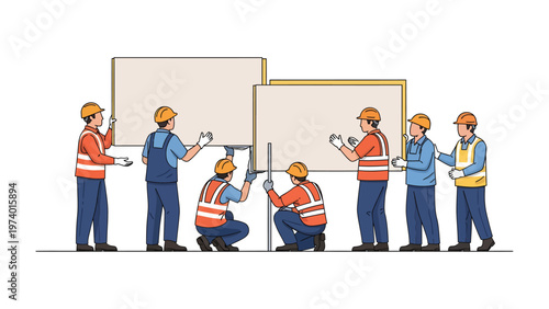 Construction teamwork: A group of construction workers working together to install large blank signboards. Their focused effort symbolizes collaboration, precision, and dedication.