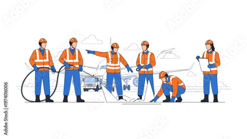 Airport Maintenance Team at Work: A coordinated team of airport ground crew members performs various tasks around an aircraft, showcasing precision, teamwork, and expertise in aviation maintenance.