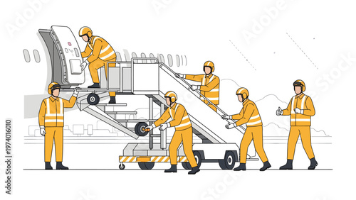 Ground Crew at Work: A team of dedicated ground crew members works diligently to position an access staircase alongside an aircraft, demonstrating their commitment to operational efficiency.