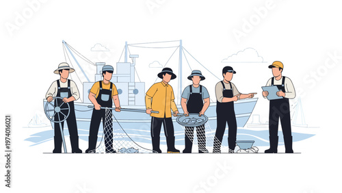 Ocean's Crew: A team of skilled fishermen stands united, their boat ready for the day's maritime adventure, embodies the spirit of industry and collaboration.