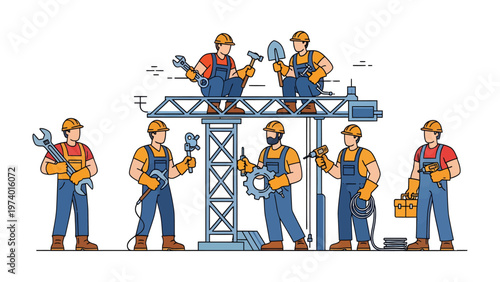 Construction Crew at Work: Illustrative of a dedicated construction crew, each member poised with their tools amidst the framework of a new project, symbolizing teamwork and the process of building.