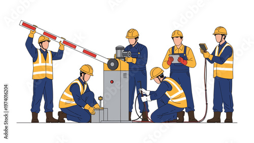 Road Construction Maintenance: A focused crew of construction workers meticulously works on installing a road barrier, highlighting the essential work and safety