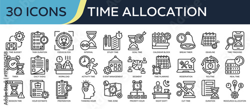 Collection of Time Allocation icons, related to Time Budget, Task Duration, Interval, Study Time, Time Tracking and more. Outline icons vector illustation.