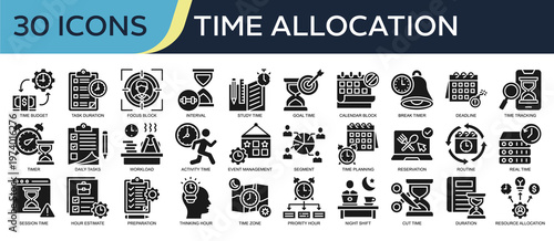 Collection of Time Allocation icons, related to Time Budget, Task Duration, Interval, Study Time, Time Tracking and more. Glyph icons vector illustation.
