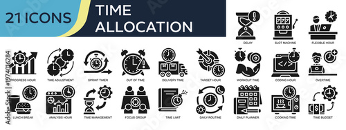 Collection of Time Allocation icons, related to Flexible Hour, Time Adjustment, Workout Time, Focus Group, Time Management and more. Glyph icons vector illustation.