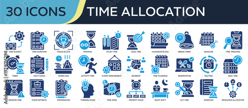Collection of Time Allocation icons, related to Time Budget, Task Duration, Interval, Study Time, Time Tracking and more. Solid icons vector illustation.