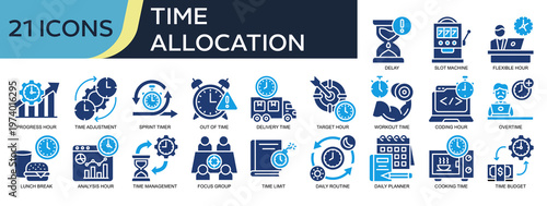 Collection of Time Allocation icons, related to Flexible Hour, Time Adjustment, Workout Time, Focus Group, Time Management and more. Solid icons vector illustation.