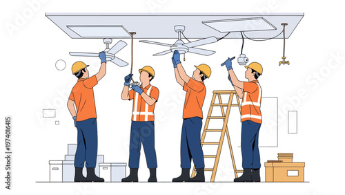 Electricians at Work: Electricians install and inspect a ceiling fan with focused precision, teamwork, and expertise in an indoor setting.