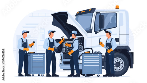 Truck Maintenance Team: A team of skilled technicians diligently inspects and repairs a large truck in a well-equipped workshop, highlighting professionalism and expertise in the automotive industry.
