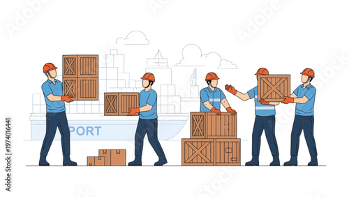 Cargo Handling: A team of diligent workers efficiently loading wooden crates onto a container ship, symbolizing international trade and logistical precision.