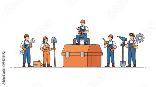 Toolbox Team: A team of construction workers stand with various tools in hand, the image conveys a sense of collaboration and readiness.