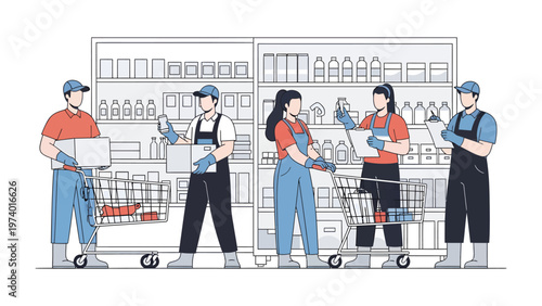 Organized Store Clerks: A team of diligent store clerks, focused and methodical, meticulously organizing products, restocking shelves, and managing inventory in a well-organized store.