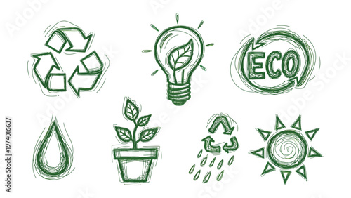 Eco-Friendly Icons: A collection of hand-drawn green icons representing various aspects of eco-friendliness, including recycling symbols, light bulbs with leaves, and raindrops, among others. 
