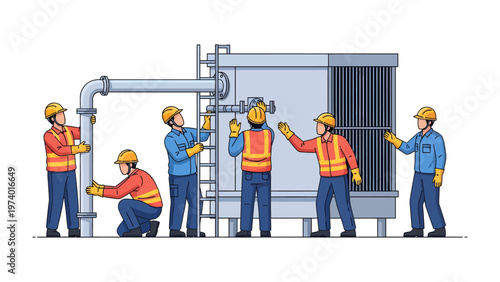 Maintenance Team: A dedicated maintenance crew meticulously inspects and maintains industrial machinery, focusing on essential repairs and operational efficiency.