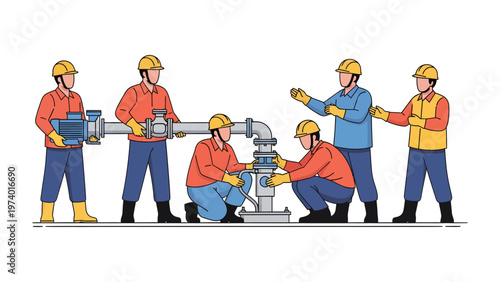 Industry Team at Work: A collaborative industry team is hard at work, connecting and repairing pipelines, showcasing teamwork and technical expertise.