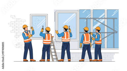 Construction Crew Installing Windows: A team of skilled construction workers, adorned in safety gear, meticulously install windows on a building.