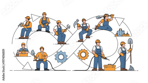 Construction Process Illustration: An illustrative portrayal of a construction process, showcasing the various stages of development with construction workers.