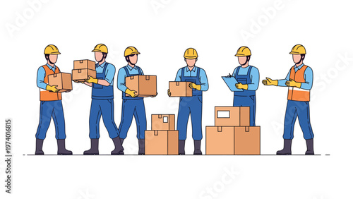 Logistics Crew: A dedicated crew of workers, dressed in safety gear, methodically handles cardboard boxes, ensuring smooth and efficient distribution and movement.