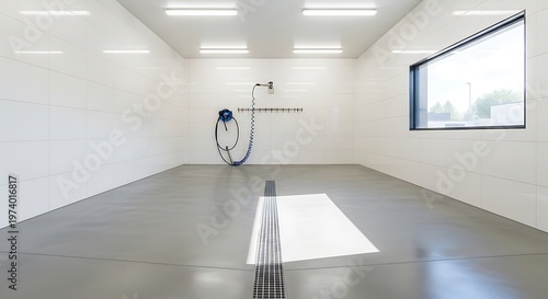 Empty clean car wash room with drainage device, high-pressure apparatus and viewing window