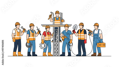 Team of Builders with Tools: A united group of construction workers, each armed with their specialized tools, stand shoulder-to-shoulder.