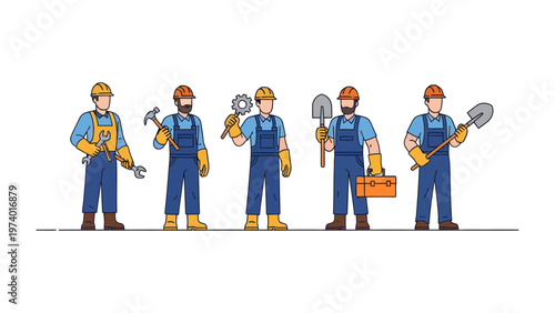 Construction Crew: Five skilled construction workers stand poised with their essential tools, ready to build and create, each embodying the spirit of industry and craftsmanship.