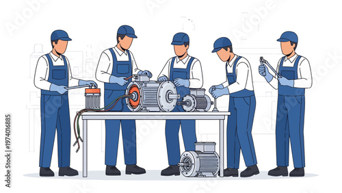 Engineers Assembling Machinery: A team of skilled engineers meticulously assembles machinery, their focused efforts reflecting precision and expertise, within an industrial environment. 
