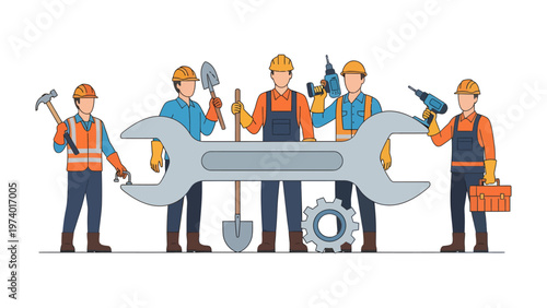 Team of Skilled Craftsmen: A collaborative group of construction workers, each bearing essential tools, unite to embody the essence of craftsmanship and collaborative industry efforts.