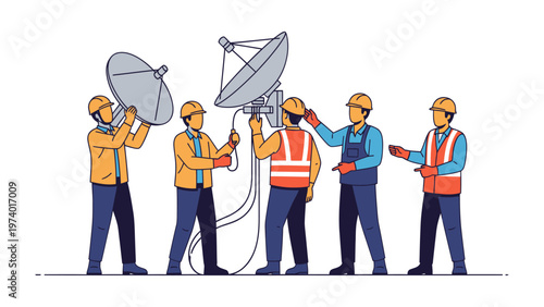 Engineers Installing Communication System: A team of skilled engineers meticulously installs a satellite communication system, showcasing expertise and collaboration.