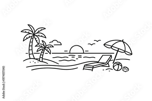 serene beach line art, beach line art, minimalist beach, line illustration, coastal line drawing, ocean line art, simple beach design, continuous line art, outline illustration, seaside sketch, minima