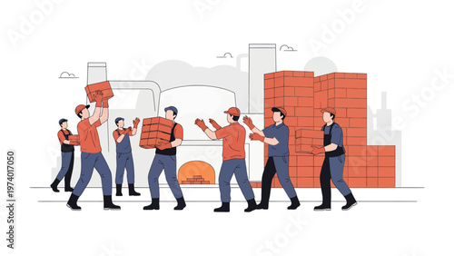 Building a Foundation: A team of construction workers diligently carry bricks at a construction site, embodying hard work and the creation of progress and the building of a strong foundation.