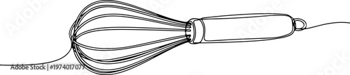 Continuous one line of an egg beater whisk, ingredient mixing symbol, style hand drawing vector illustration.