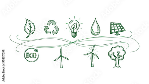 Eco-Friendly Symphony: A collection of hand-drawn icons celebrating sustainability and environmental harmony, including leaf, recycling symbol, light bulb, water drop, and other eco-friendly symbols.