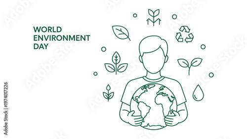 World Environment Day: A single figure stands with the Earth, surrounded by delicate line art representing the natural world in an embrace of green.