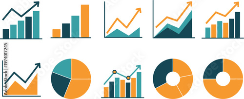 Assortment of colorful business charts and graphs representing various data visualization methods for finance.